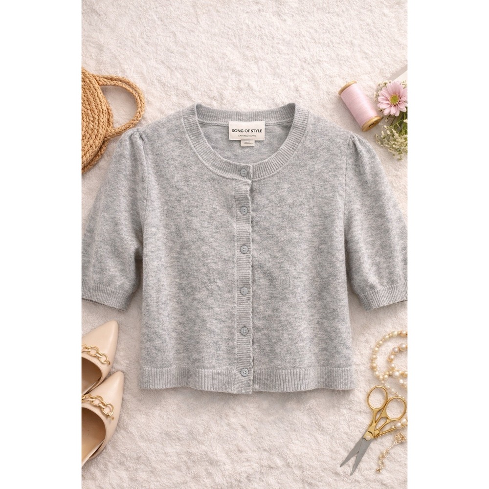 Song of Style Aimee Song Cropped Cardigan Gray Short Sleeve Scallop Trim L
